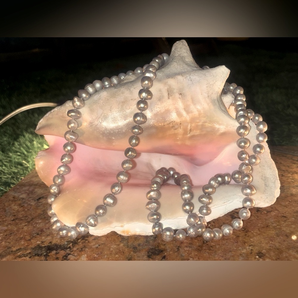 GENUINE Silver-Grey Ringed Edison Pearl Necklace 48” Opera Length 9–10mm Knotted